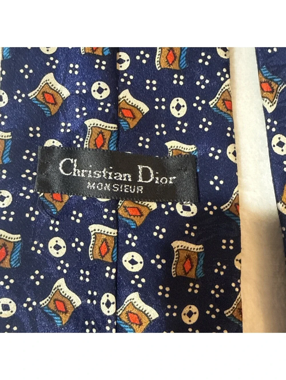 Christian Dior Necktie Mens OS Blue Excellent Silk Medallion Geometric 58” Tie